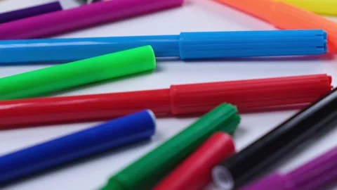 Multicolored felt-tip pens or markers close-up on a white background Stock Footage 219192501