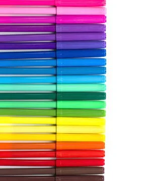 Multicolored felt-tip pens on a white background. Set of markers. Stock Photos
