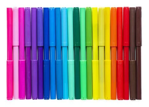 Multicolored felt-tip pens on a white background. Set of markers. Stock Photos