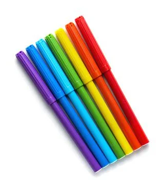 Multicolored felt-tip pens on a white background. Set of markers. Stock Photos