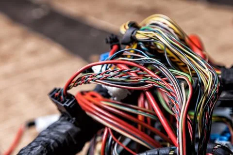 Multicolored fiber cables, wire electronics connection electricity industry c Stock Photos
