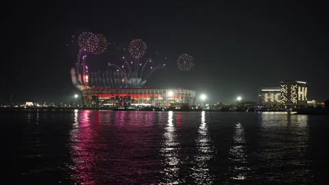 Multicolored Fireworks Over Stadium 974 during Qatar International Food Festival Stock Footage 339212615
