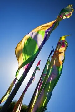 Multicolored flags develop in the wind Stock Photos