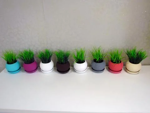 Multicolored flower pots, round shape on the table Stock Photos