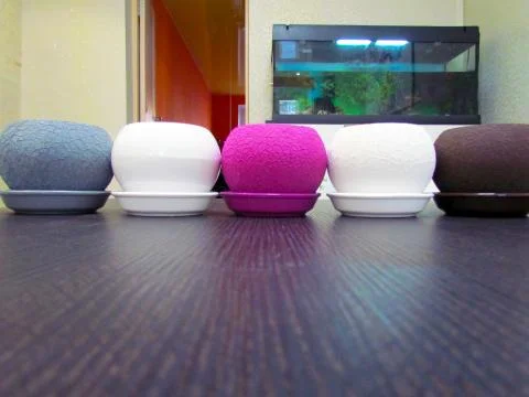 Multicolored flower pots, round shape on the table Stock Photos