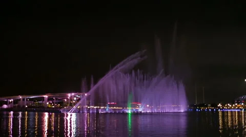 Multicolored fountain in the pond Stock Footage