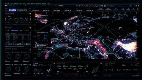 Multicolored futuristic digital interface screen. Targeting and locating GPS Stock Footage 141603215