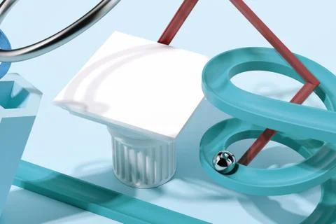 Multicolored geometric figures and objects on blue background. 3d rendering. Stock-Illustration