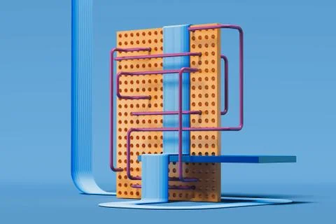 Multicolored geometric figures and objects on blue background. 3d rendering. イラスト素材