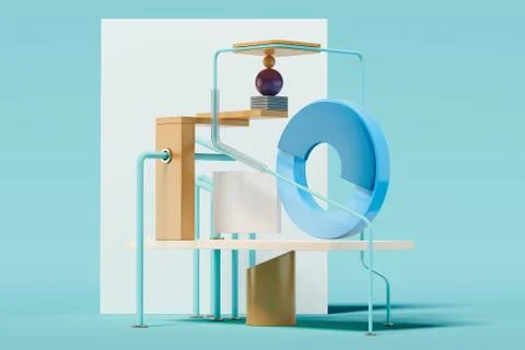 Multicolored geometric figures and objects on blue background. 3d rendering. Illustrazione stock