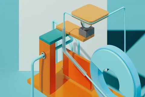 Multicolored geometric figures and objects on blue background. 3d rendering. 스톡 일러스트