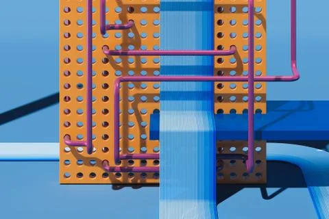 Multicolored geometric figures and objects on blue background. 3d rendering. Stock Illustration