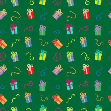 Multicolored gift box with multicolored ribbons on a black background. Illustrazione stock