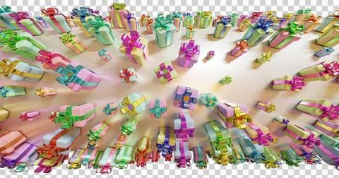 Multicolored gift boxes with bows on a ball sphere. Miniature 3d rendering Illustrazione stock