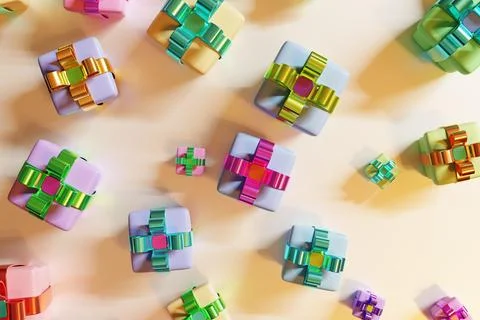 Multicolored gift boxes on a pastel beige background. Illustrazione stock