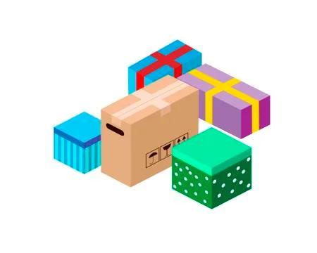 Multicolored gift boxes on a white background. Vector illustration. Isometry Stock Illustration