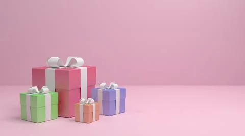 Multicolored gift boxes with white ribbons. 3D render. Stock Illustration