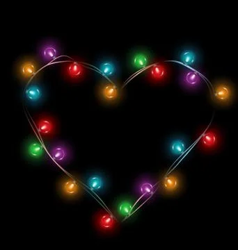 Multicolored glassy lights like heart frame isolated on black Stock Illustration