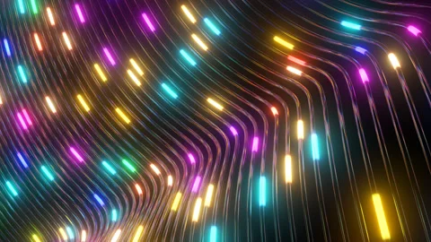 Multicolored Glow Light Packets Ascend Along Curved AI Network Fibers Stock Footage 343328951
