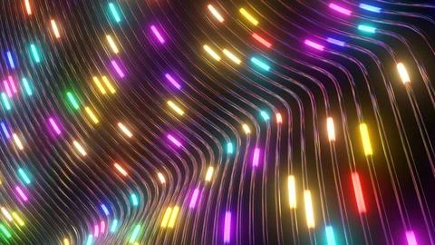 Multicolored Glow Light Packets Ascend Along Curved AI Network Fibers 库存插图