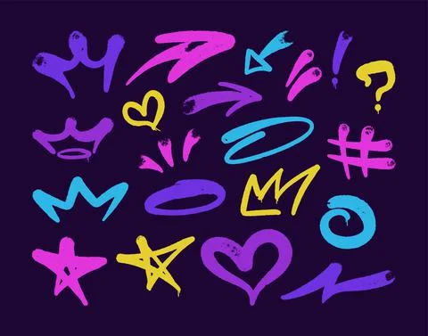 Multicolored graffiti elements set spray,arrows,crown,heart and stars, Stock Illustration