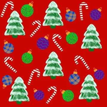 Multicolored hand drawn christmas pattern, fir trees and christmas decor on red Stock Photos