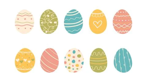 Multicolored hand drawn Easter eggs set. Doodle style Shell decorated with .. 스톡 일러스트