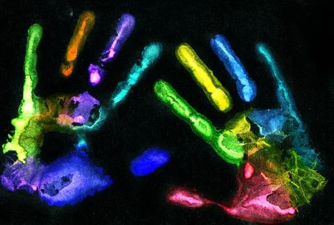 Multicolored hand prints on black Stock Illustration