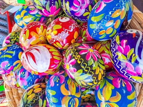 Multicolored handmade Easter eggs. Ukrainian pysanka decorated Easter Background Stock Photos