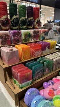 Multicolored handmade soap displayed, perfect for skincare, beauty, wellness Stock Photos