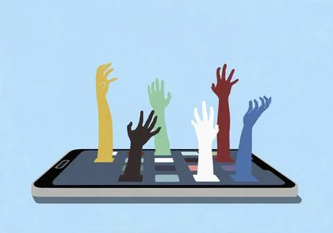 Multicolored hands reaching up from smart phone screen Stock Illustration