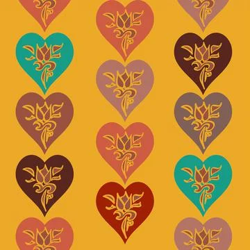 Multicolored Hearts Pattern In Teal, Pinks And Mustard Yellow Stock Illustration