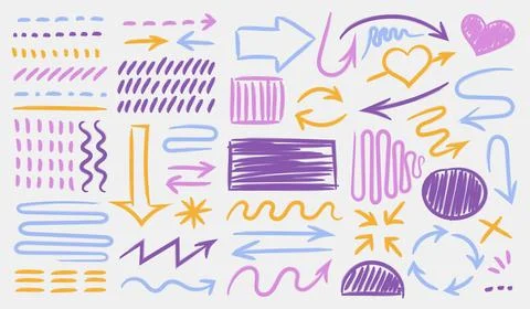 Multicolored highlight brush strokes and underlines. isolated elements. Stock Illustration