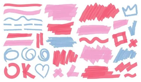 Multicolored highlight brush underlines. isolated elements. Illustrazione stock