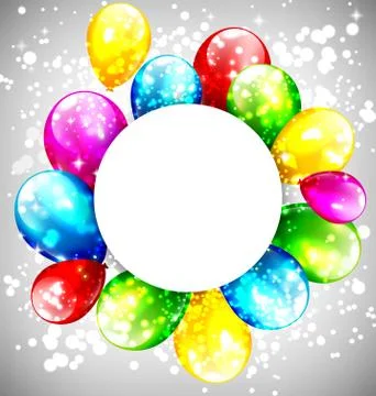 Multicolored inflatable balloons with circle frame on grayscale Illustrazione stock