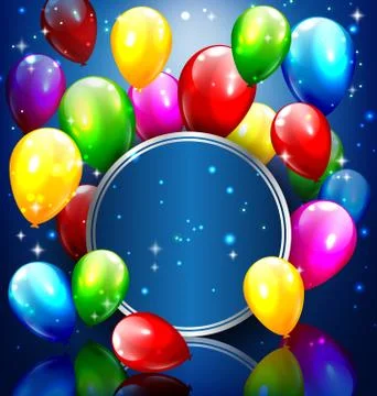 Multicolored inflatable balloons with circle frame on blue Stock Illustration