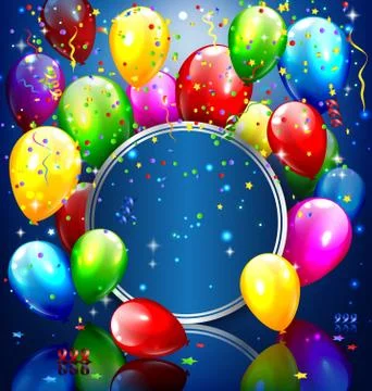 Multicolored inflatable balloons with circle frame and confetti Stock Illustration