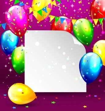 Multicolored inflatable balloons with paper frame buntings and c Illustrazione stock