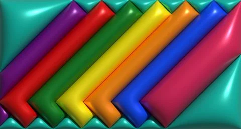 Multicolored inflated rectangles on a green background, 3D rendering illust.. Stock Illustration