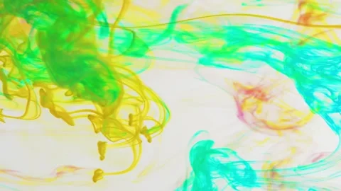 Multicolored inks spreading in water, forming whimsical patterns and iridescent Video stock 247358196