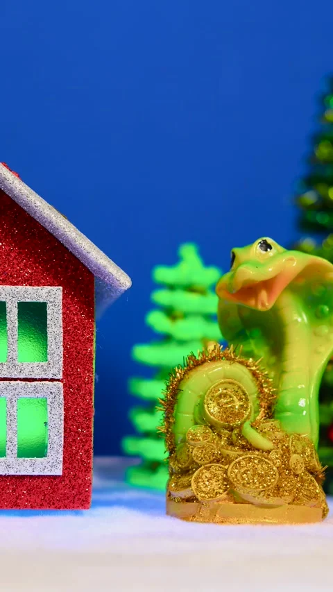 Multicolored keys and a snake figurine near a red house Video stock 299542436