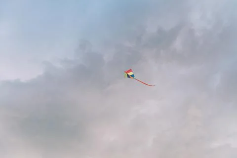 Multicolored kite soars in the cloudy sky Stock Photos