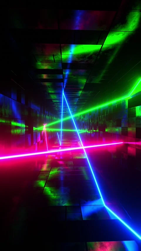 Multicolored lasers moving in a rectangular tunnel. Vertical looped video Stock Footage 229460054