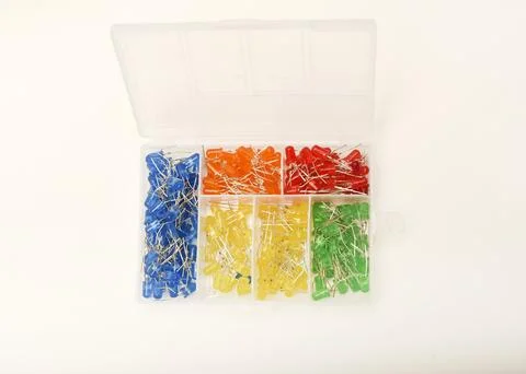 Multicolored LEDs in a plastic box. Semiconductor diodes. Electronic compon.. Stock Photos