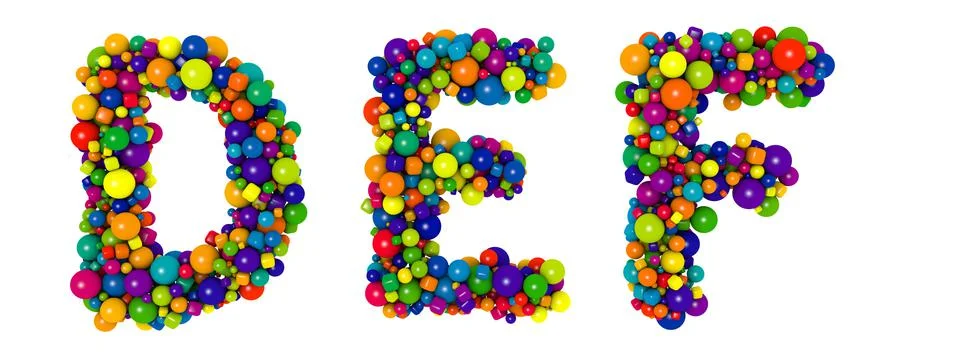 Multicolored letters D E F. Funny 3D illustration. Glossy multicolored Stock Illustration