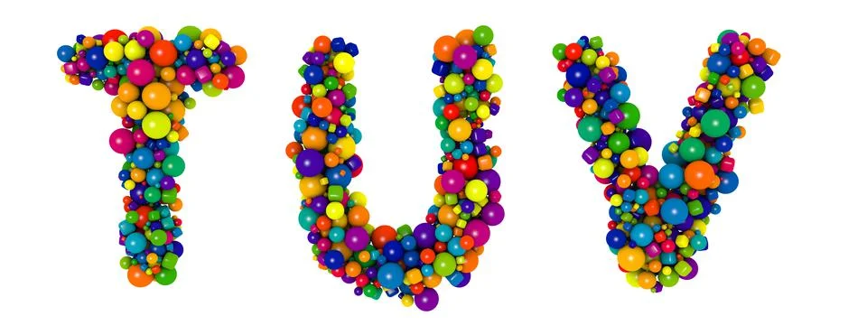 Multicolored letters T U V. Funny 3D illustration. Glossy multicolored Stock Illustration