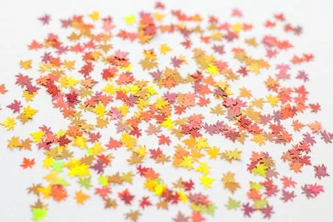 Multicolored maple leaf confetti scattered on a white background for celebration Stock Photos