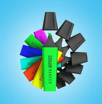 Multicolored markers 3d render isolated on a gradient background 스톡 일러스트