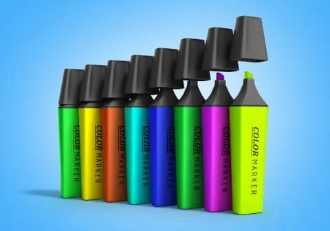 Multicolored markers 3d render isolated on a gradient background 스톡 일러스트
