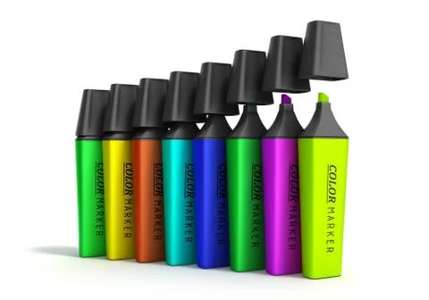 Multicolored markers 3d render isolated on a white background Stock Illustration